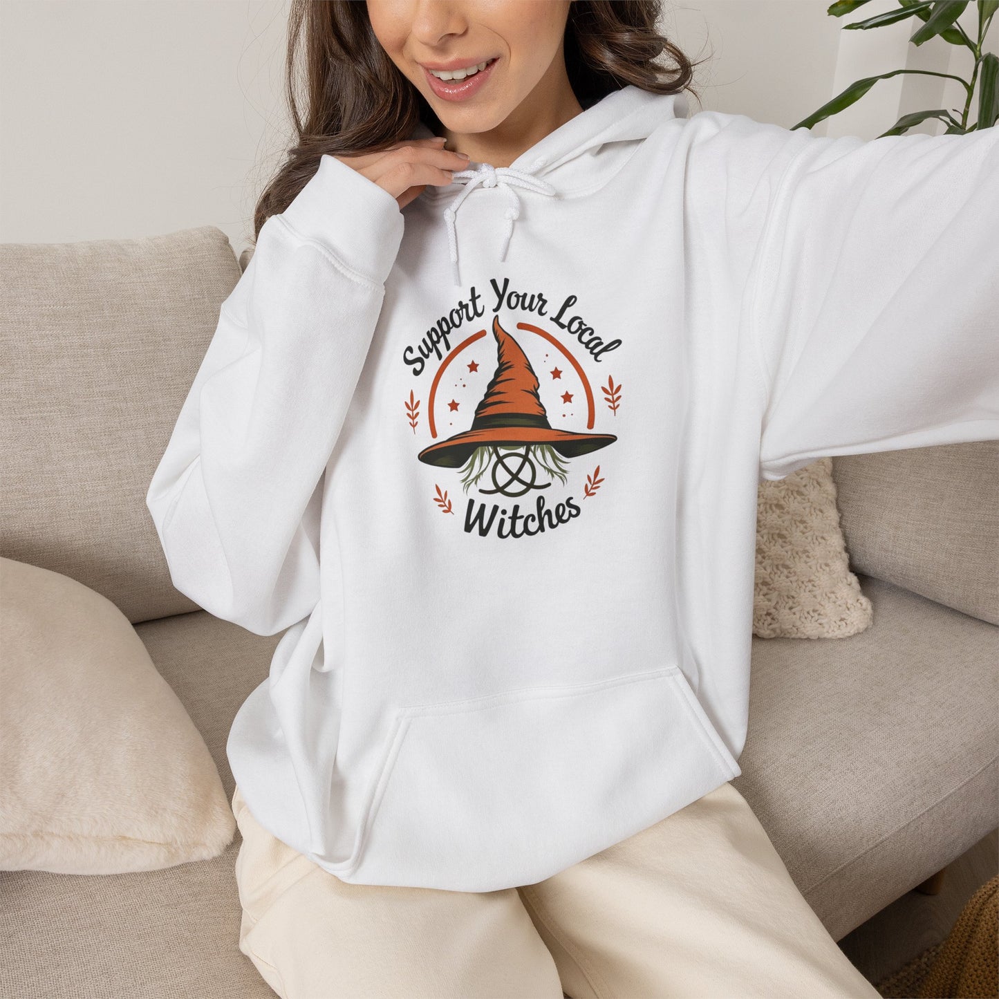 Support Your Local Witches Hoodie — Cute Witch Hat Graphic Pullover for Halloween