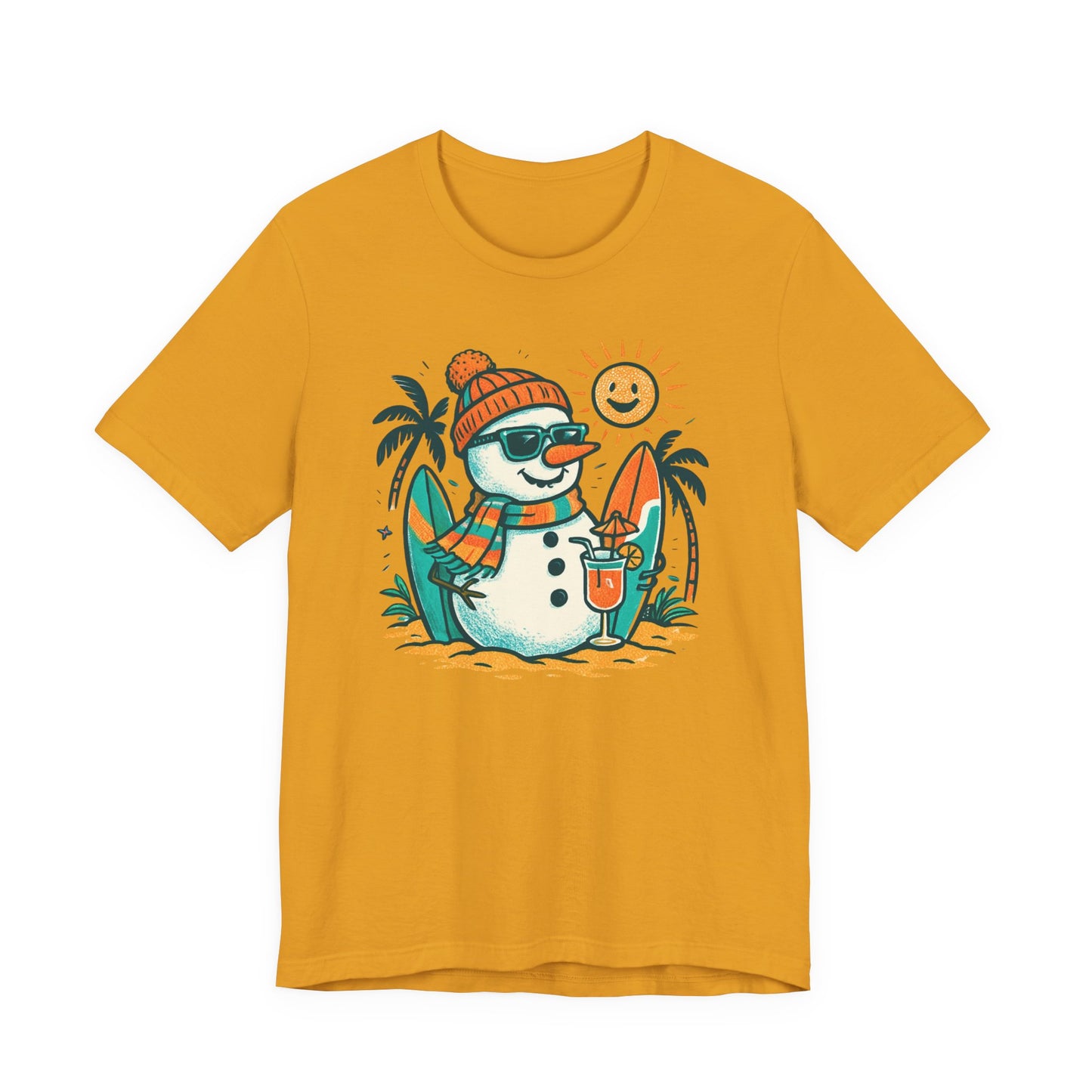 Frosty on Vacation Graphic Tee — Surfing Snowman with Drink Summer Holiday T-Shirt