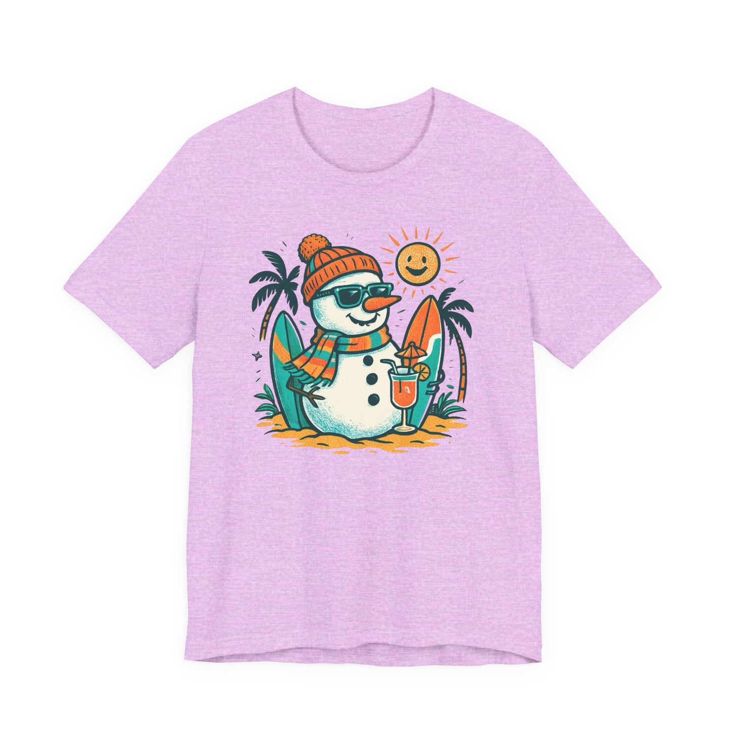 Frosty on Vacation Graphic Tee — Surfing Snowman with Drink Summer Holiday T-Shirt