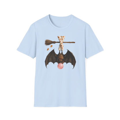 Bat and Bubblegum Unisex Softstyle T-Shirt, Halloween Top, Whimsical Graphic Tee, Cute Gift for Animal Lovers, Fall Vibes