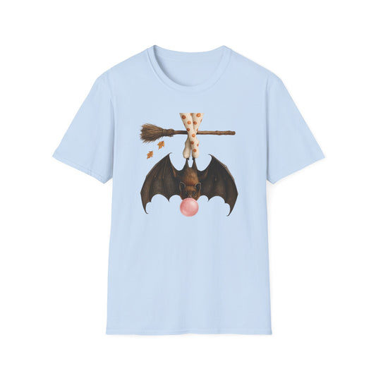 Bat and Bubblegum Unisex Softstyle T-Shirt, Halloween Top, Whimsical Graphic Tee, Cute Gift for Animal Lovers, Fall Vibes