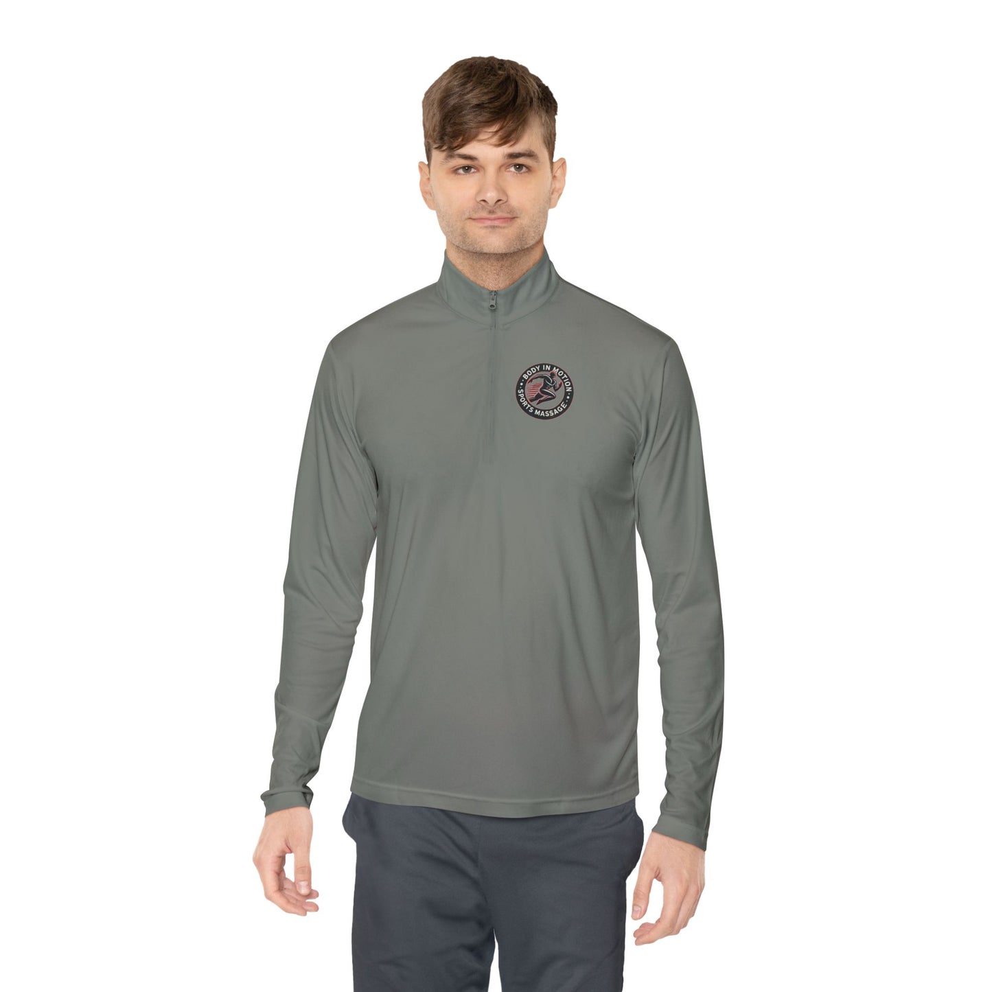 Sports Massage, Quarter-Zip Pullover — Vintage Fishing Badge Logo