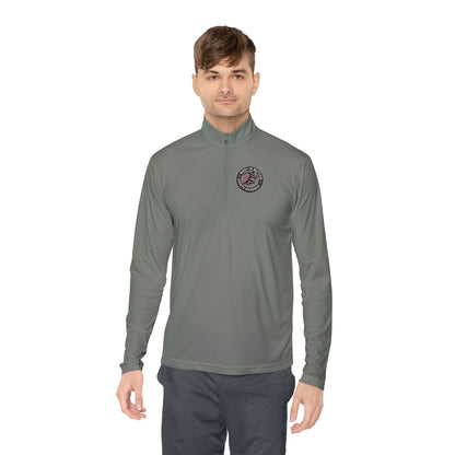 Sports Massage, Quarter-Zip Pullover — Vintage Fishing Badge Logo