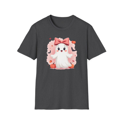 Cute Halloween Ghost T-Shirt — Pink Bow Ghost with Pumpkins & Bats