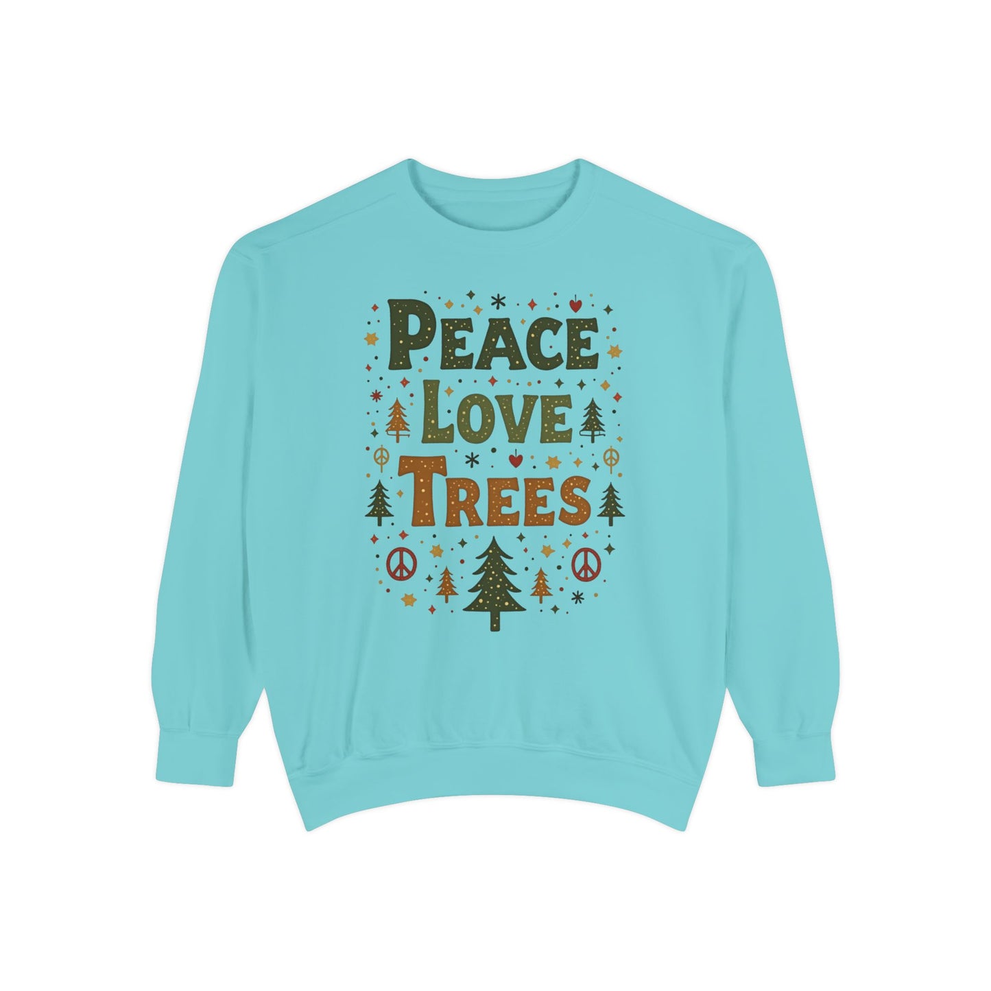 Peace Love Trees Sweatshirt — Eco Holiday Tree Graphic Sweatshirt
