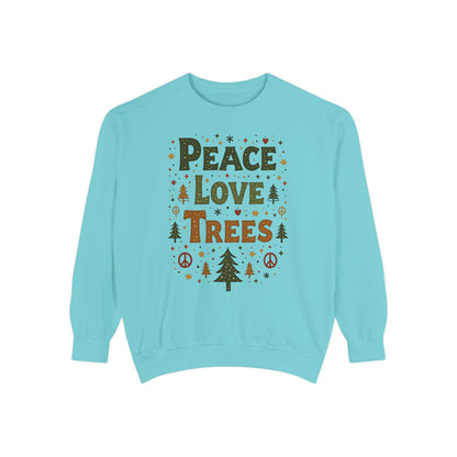 Peace Love Trees Sweatshirt — Eco Holiday Tree Graphic Sweatshirt