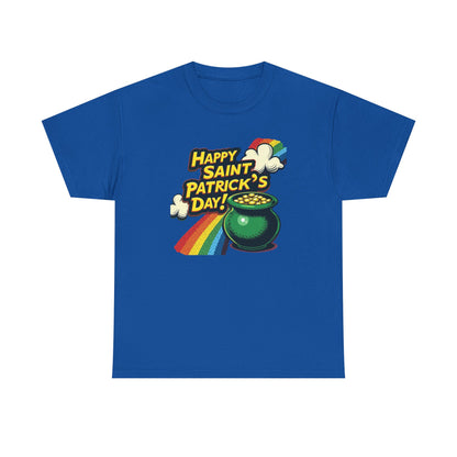 Saint Patrick's Day Tee — "Happy Saint Patrick's Day!" Pot of Gold Rainbow T-Shirt