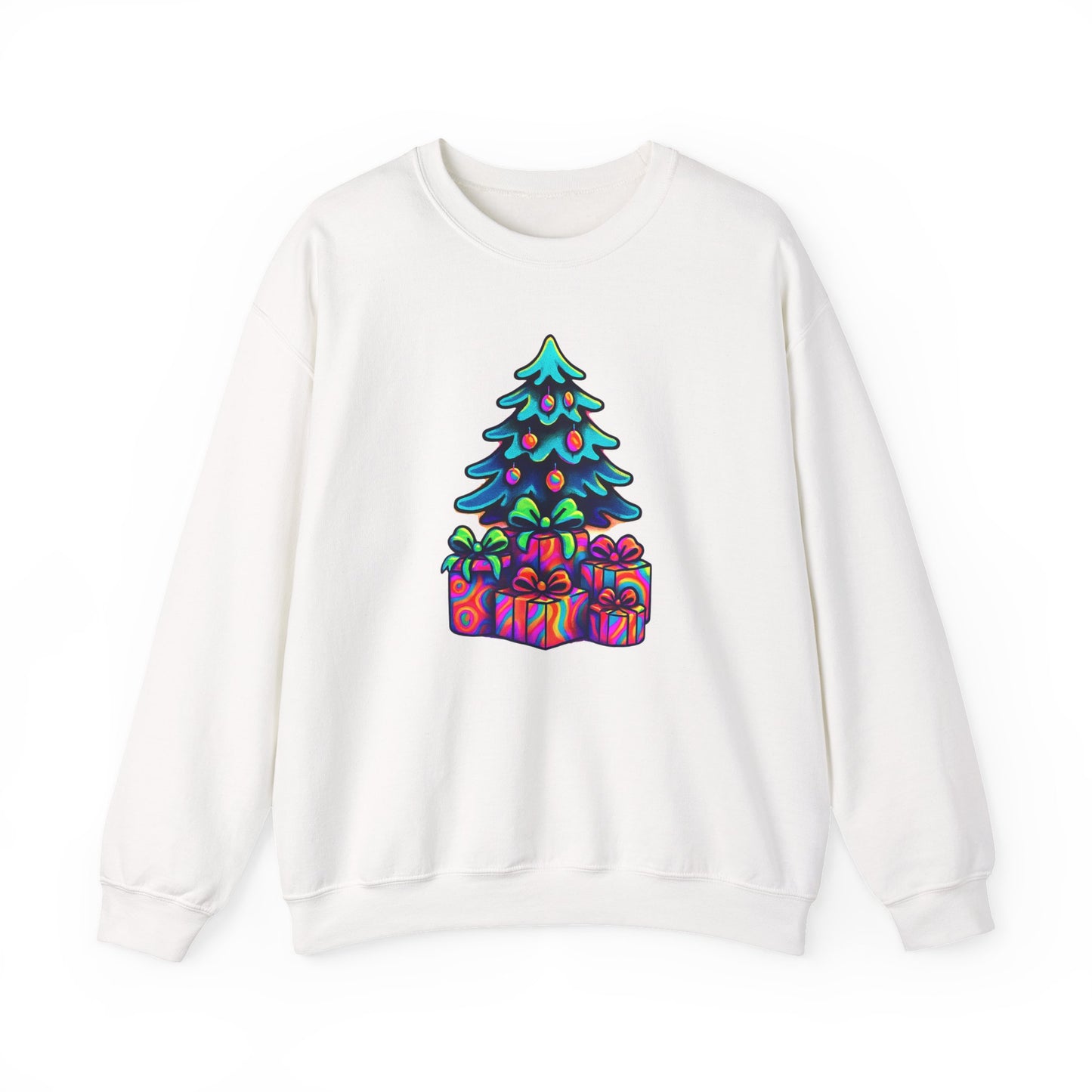 Psychedelic Christmas Tree Sweatshirt — Colorful Holiday Tree with Gifts Crewneck