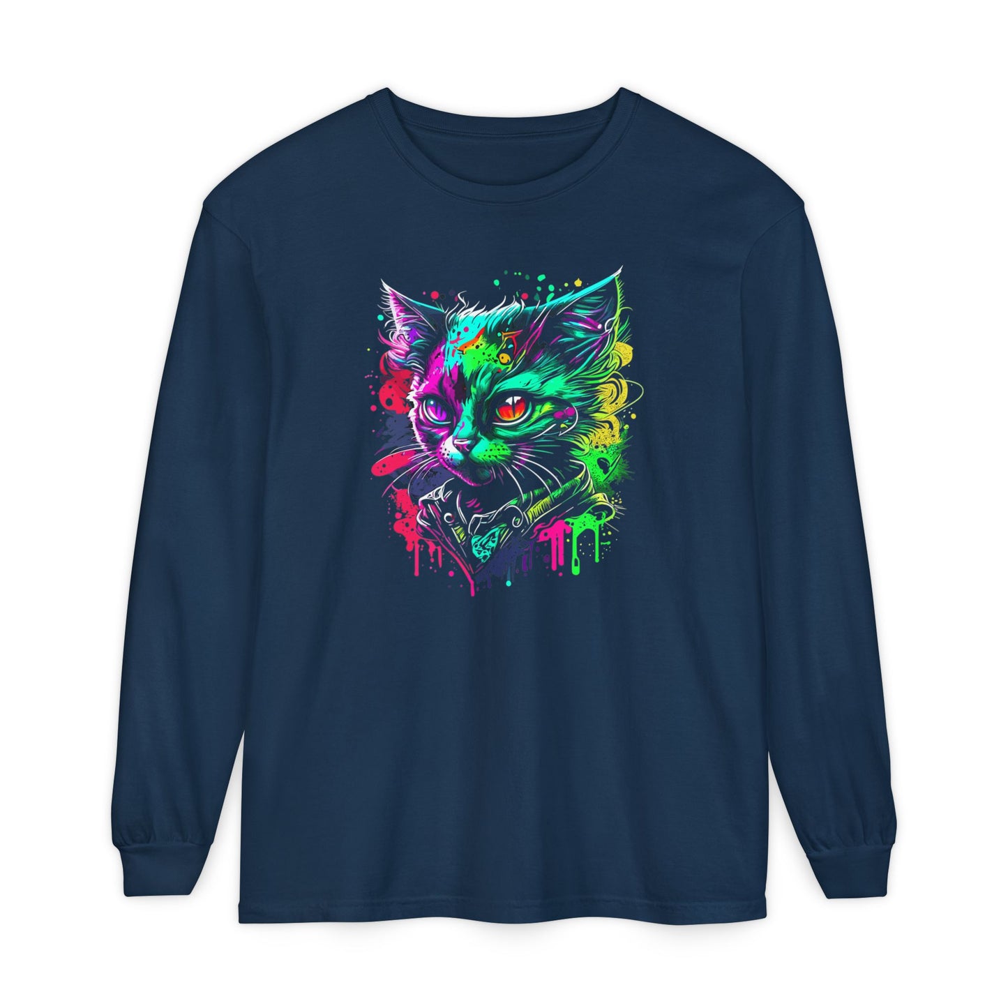 Psychedelic Cat, Unisex Garment-dyed Long Sleeve T-Shirt
