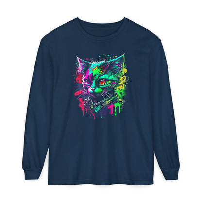 Psychedelic Cat, Unisex Garment-dyed Long Sleeve T-Shirt