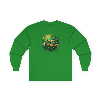 St. Patrick's Day Long Sleeve Tee - "Happy St. Patrick's Day" Green Watercolor Shamrock Design