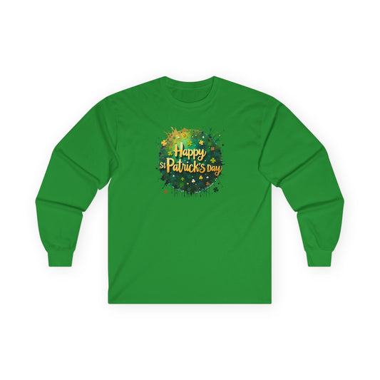 St. Patrick's Day Long Sleeve Tee - "Happy St. Patrick's Day" Green Watercolor Shamrock Design