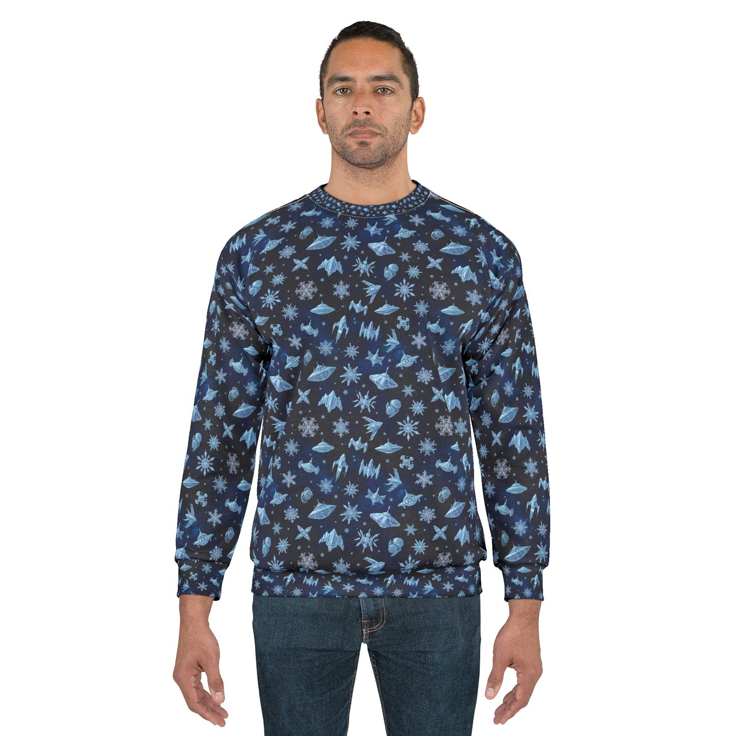 Galaxy Snowfall Ugly Sweatshirt — Blue Space Snowflake All-Over Print