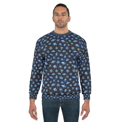 Galaxy Snowfall Ugly Sweatshirt — Blue Space Snowflake All-Over Print