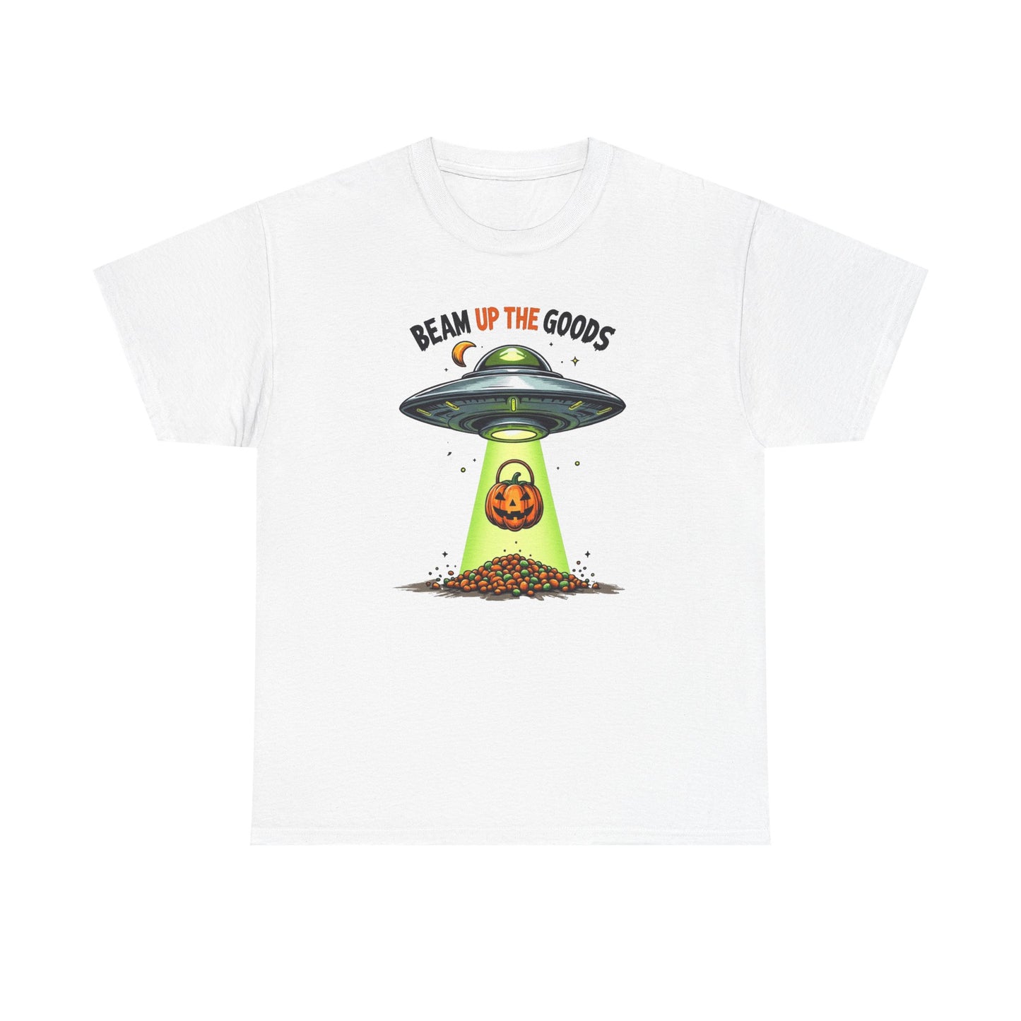 Halloween UFO T-Shirt — "Beam Up The Goods" Pumpkin Candy Abduction Tee