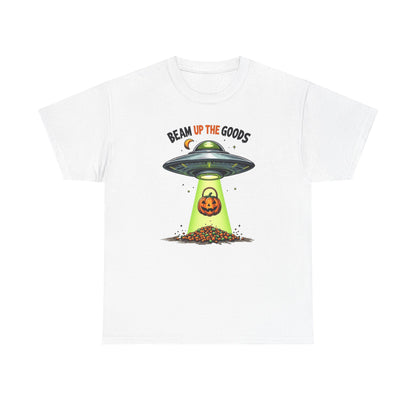 Halloween UFO T-Shirt — "Beam Up The Goods" Pumpkin Candy Abduction Tee