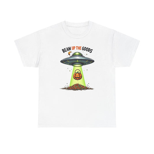 Halloween UFO T-Shirt — "Beam Up The Goods" Pumpkin Candy Abduction Tee