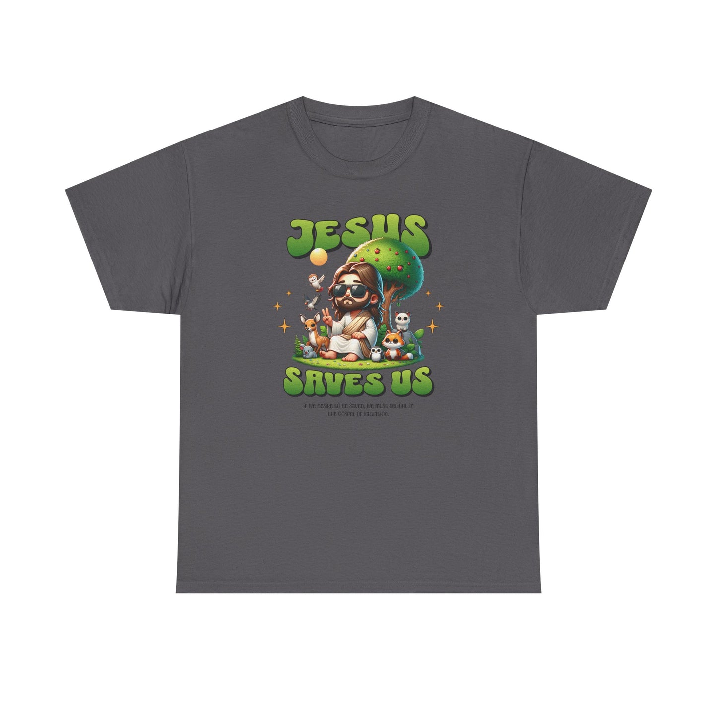 Jesus Saves Us T-Shirt — Cute Retro Jesus with Animals Christian Faith Tee