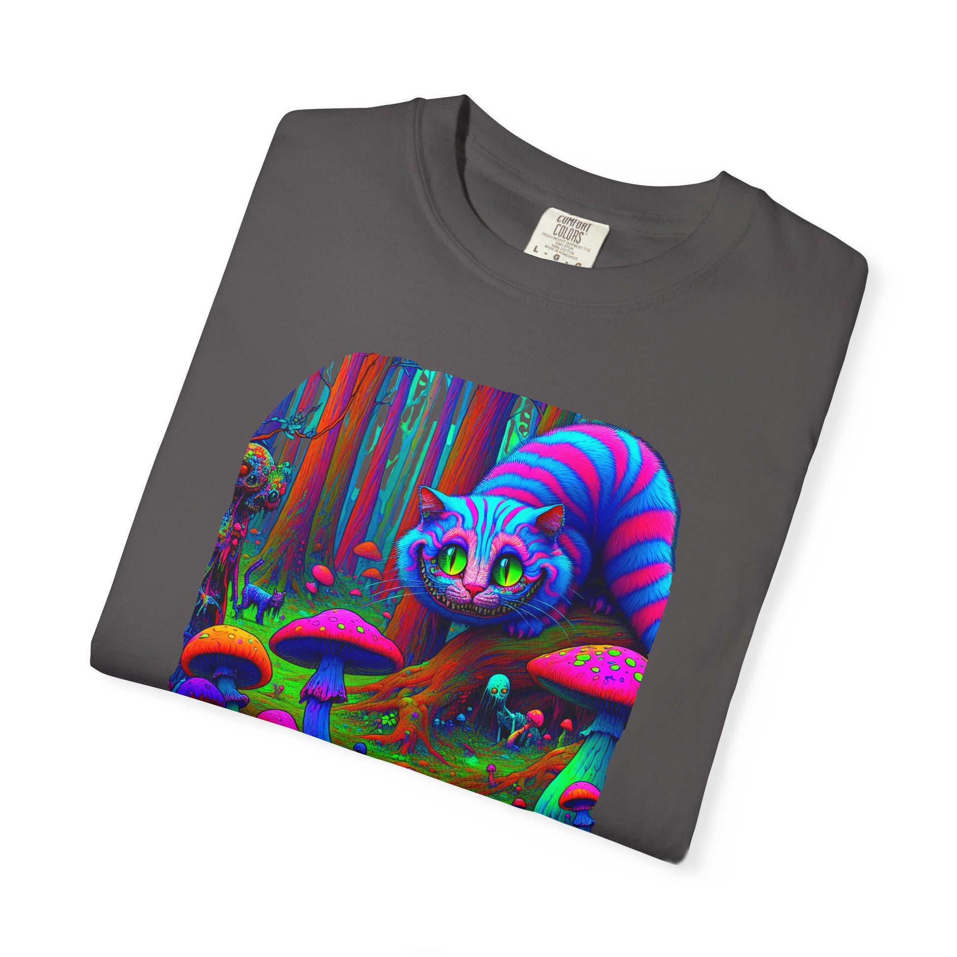 Curious Cat with mushrooms, Unisex Garment-Dyed T-shirt - Psychonaut Swag