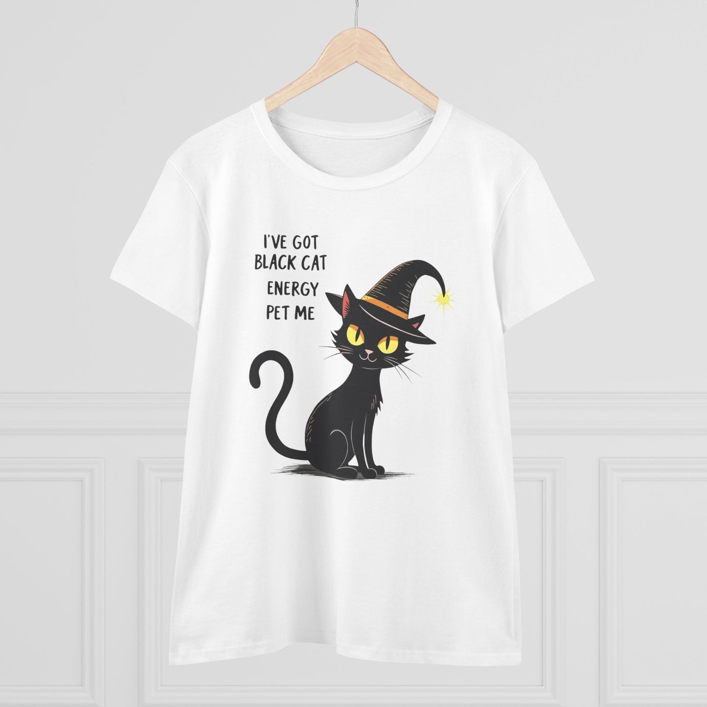 Black Cat Energy Tee — Cute Witchy Women's T-Shirt ("I've Got Black Cat Energy — Pet Me")