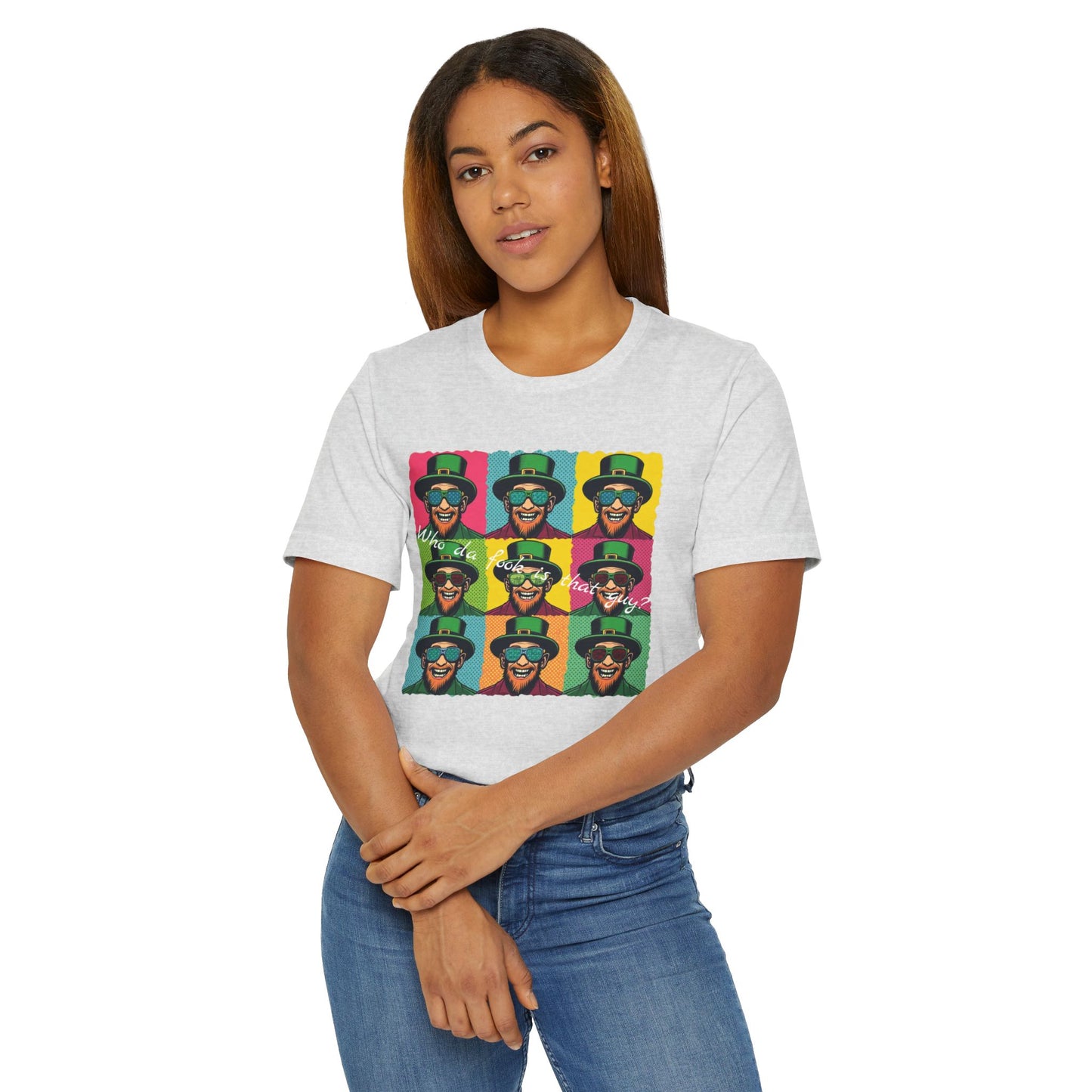Pop Art Leprechaun, Who da fook is that guy?” T-Shirt — Colorful St. Patrick’s Day Graphic Tee