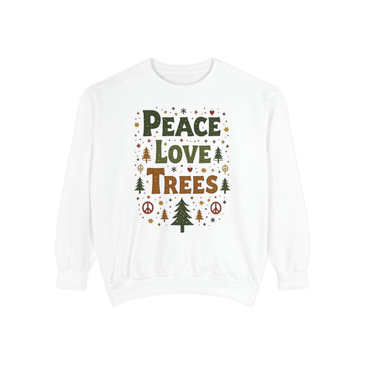 Peace Love Trees Sweatshirt — Eco Holiday Tree Graphic Sweatshirt