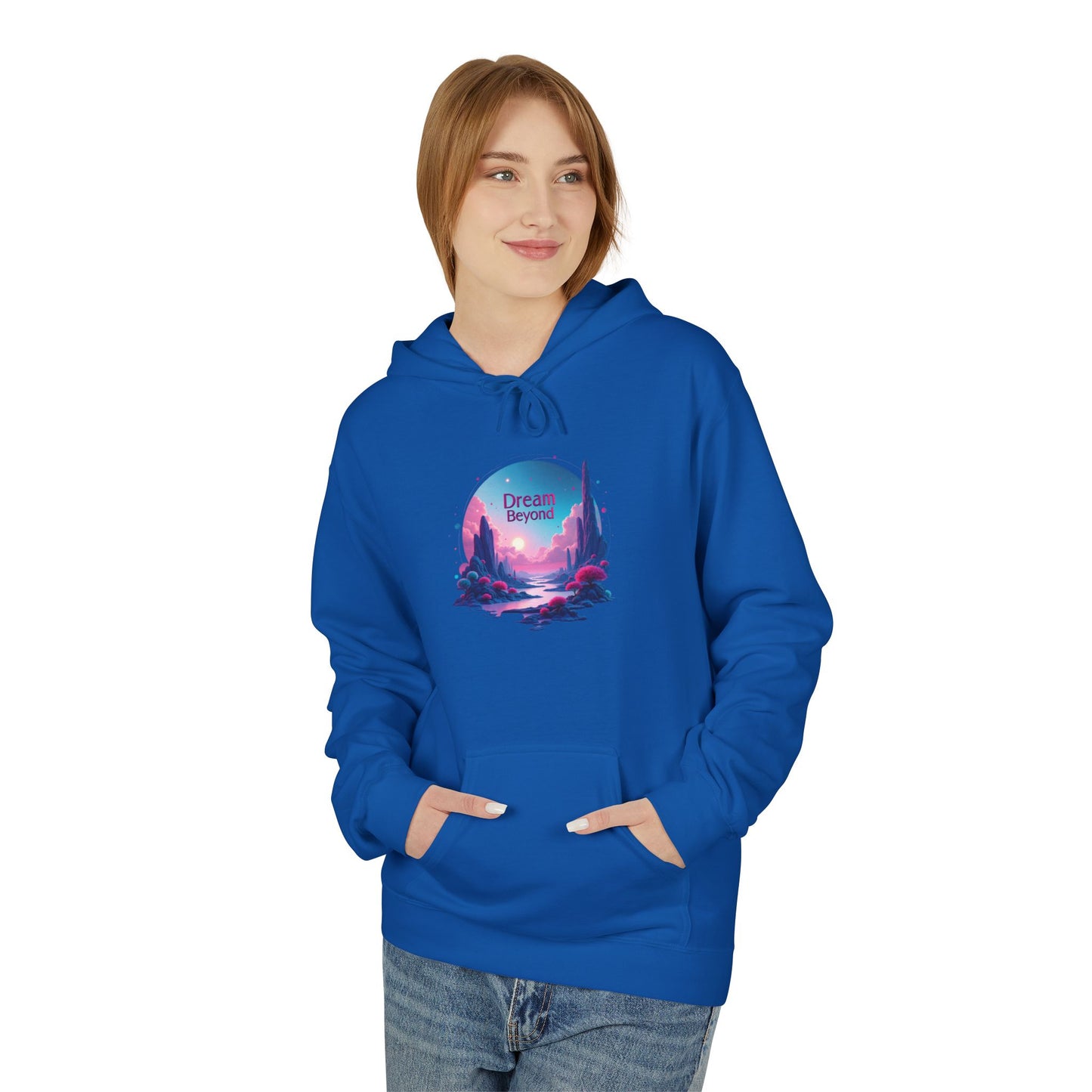 Retro Vaporwave Nature Hoodie — Neon Sunset Cityscape Graphic