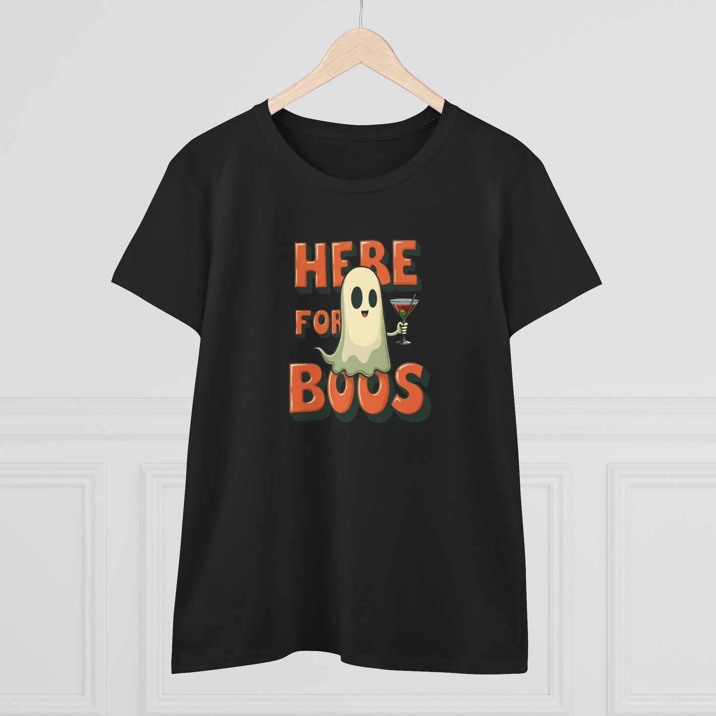 Here for Boos Halloween Ghost Tee — Funny Women’s Halloween T-Shirt with Cocktail Ghost