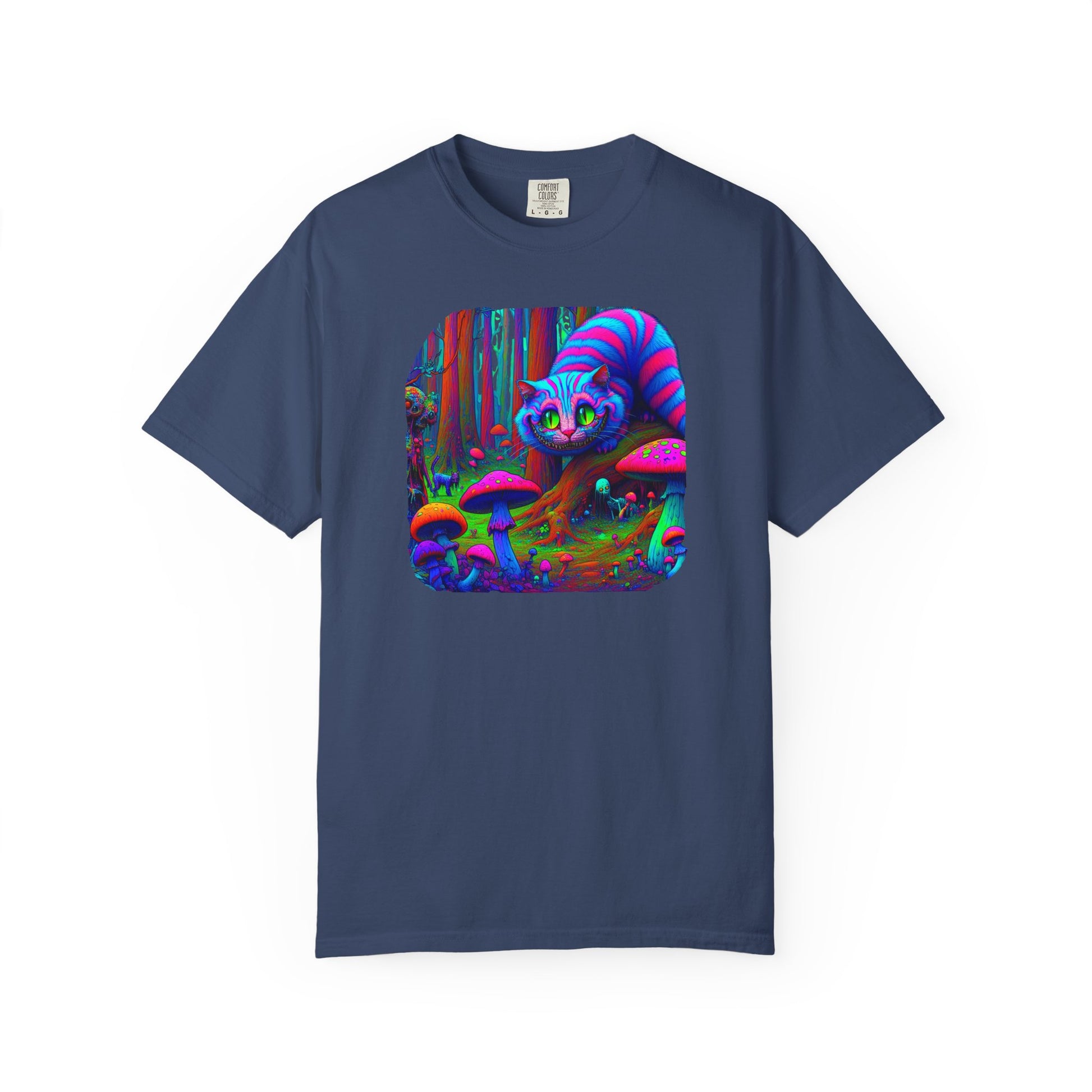 Curious Cat with mushrooms, Unisex Garment-Dyed T-shirt - Psychonaut Swag