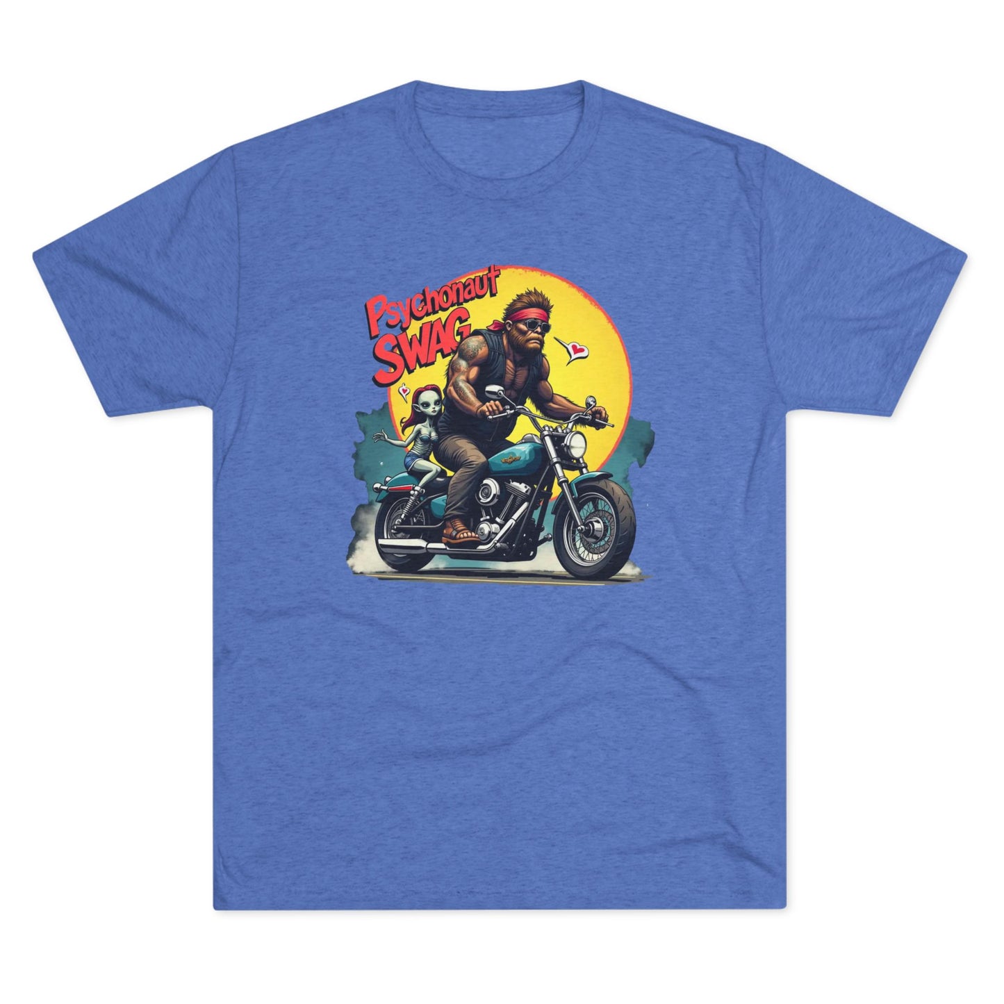 Psychonaut Swag Bigfoot on Motorcycle T-Shirt — Retro Biker Graphic Tee