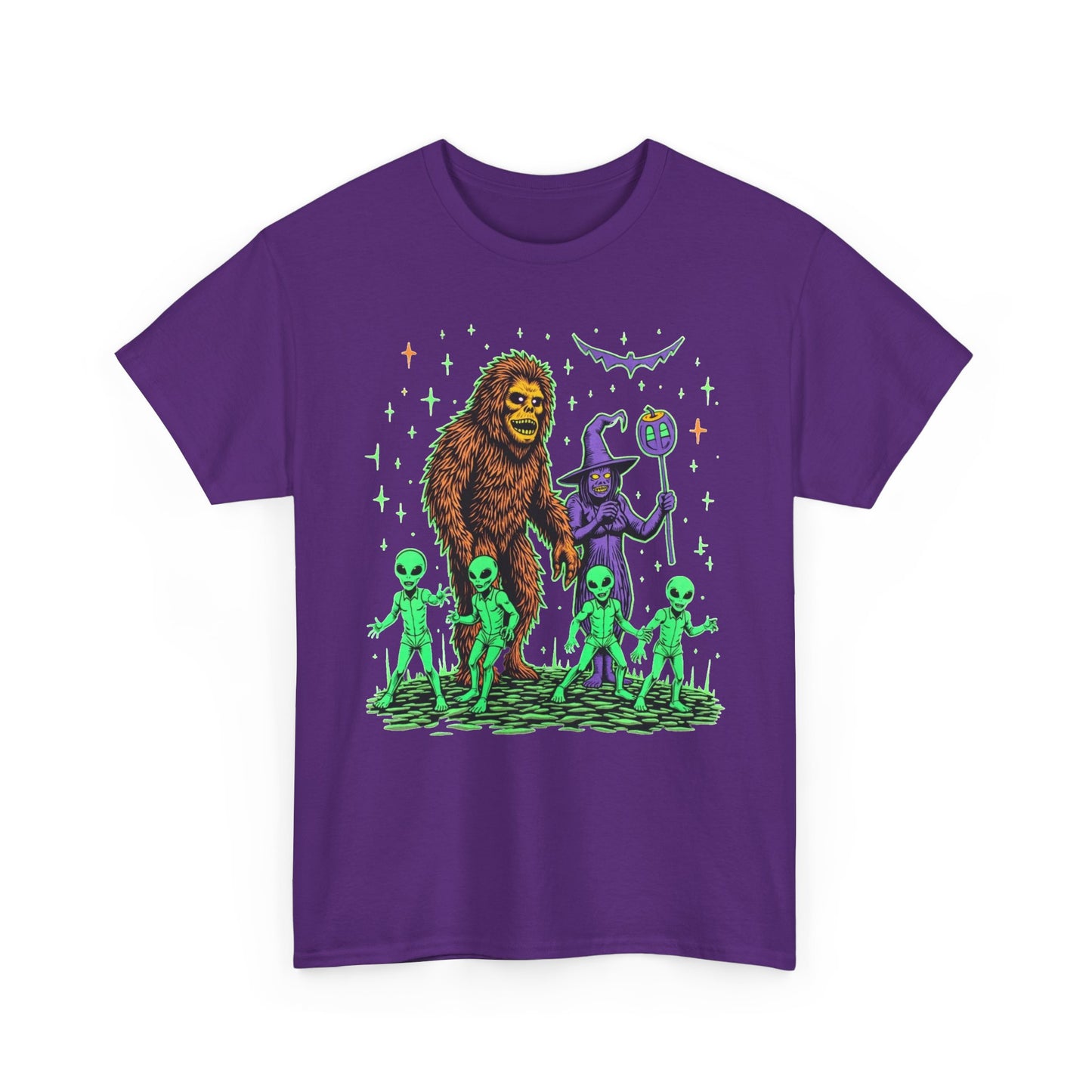 Bigfoot & Aliens Halloween Graphic Tee — Retro Neon Sci‑Fi Cryptid Shirt