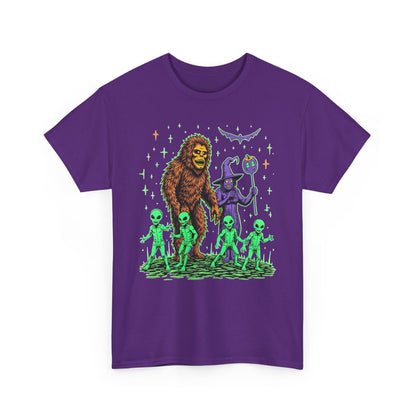 Bigfoot & Aliens Halloween Graphic Tee — Retro Neon Sci‑Fi Cryptid Shirt