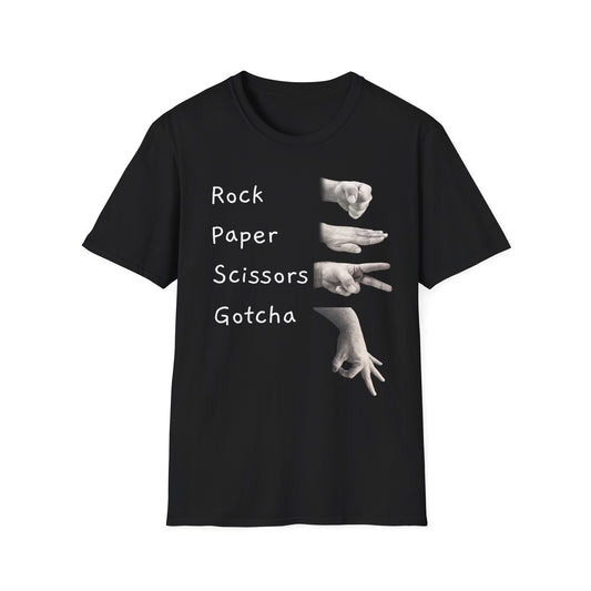 Rock, Paper, Scissors Creative Hands Symbol T-Shirt, Hand Gesture Graphic Tee, Unisex Softstyle Shirt for Friends, Casual Wear, Gift for Holidays, Statement Shirt