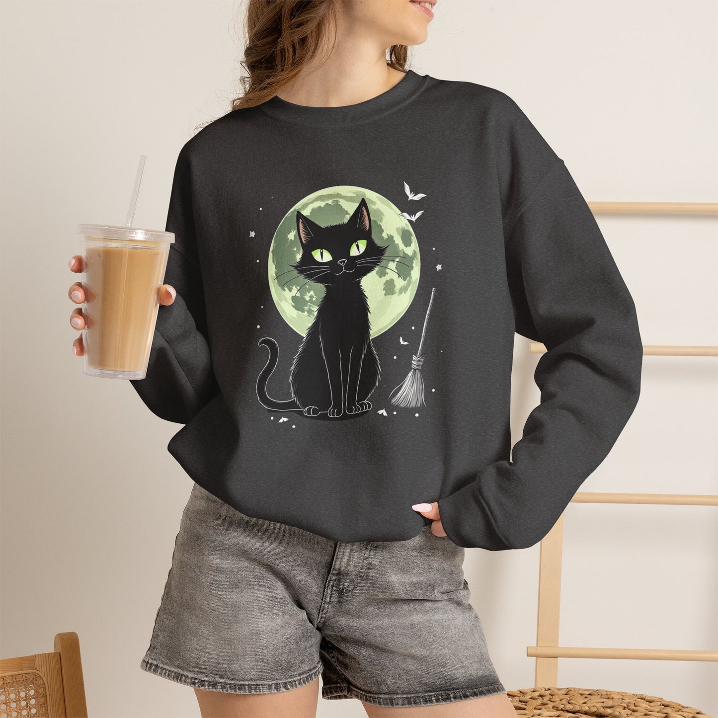 Black Cat Moon Crewneck Sweatshirt — Cute Witchy Cat Graphic