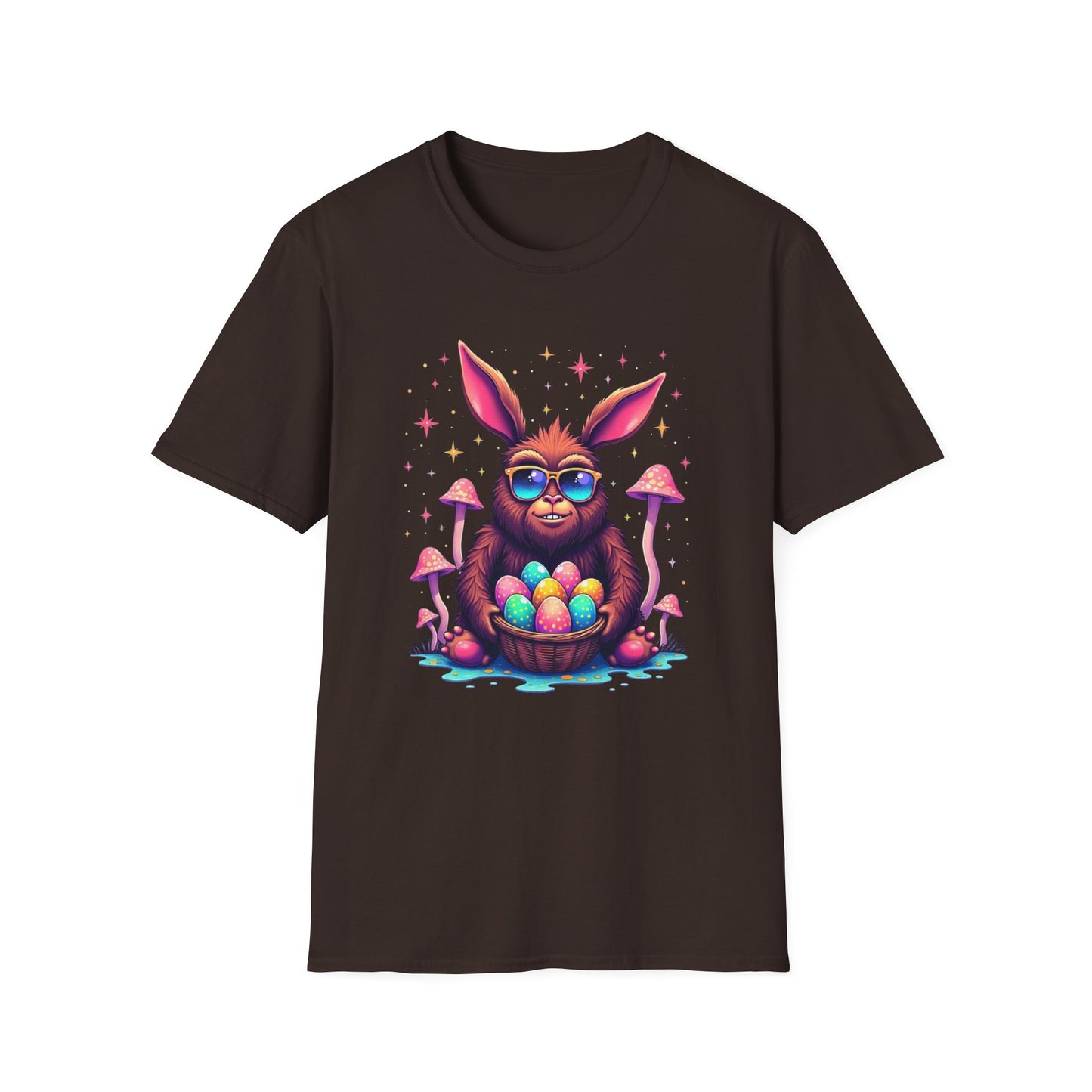 Easter Bunny Sasquatch T-Shirt — Colorful Psychedelic Bunny with Egg Basket