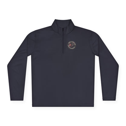 Sports Massage, Quarter-Zip Pullover — Vintage Fishing Badge Logo