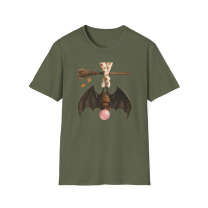 Bat and Bubblegum Unisex Softstyle T-Shirt, Halloween Top, Whimsical Graphic Tee, Cute Gift for Animal Lovers, Fall Vibes