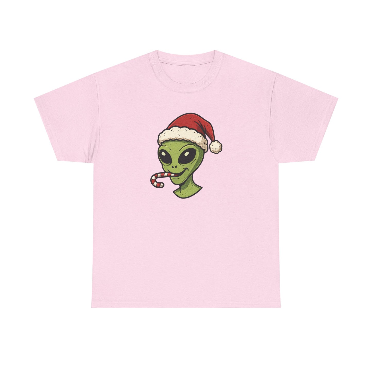 Alien Santa T-Shirt — Cute Green Alien with Santa Hat & Candy Cane Holiday Tee