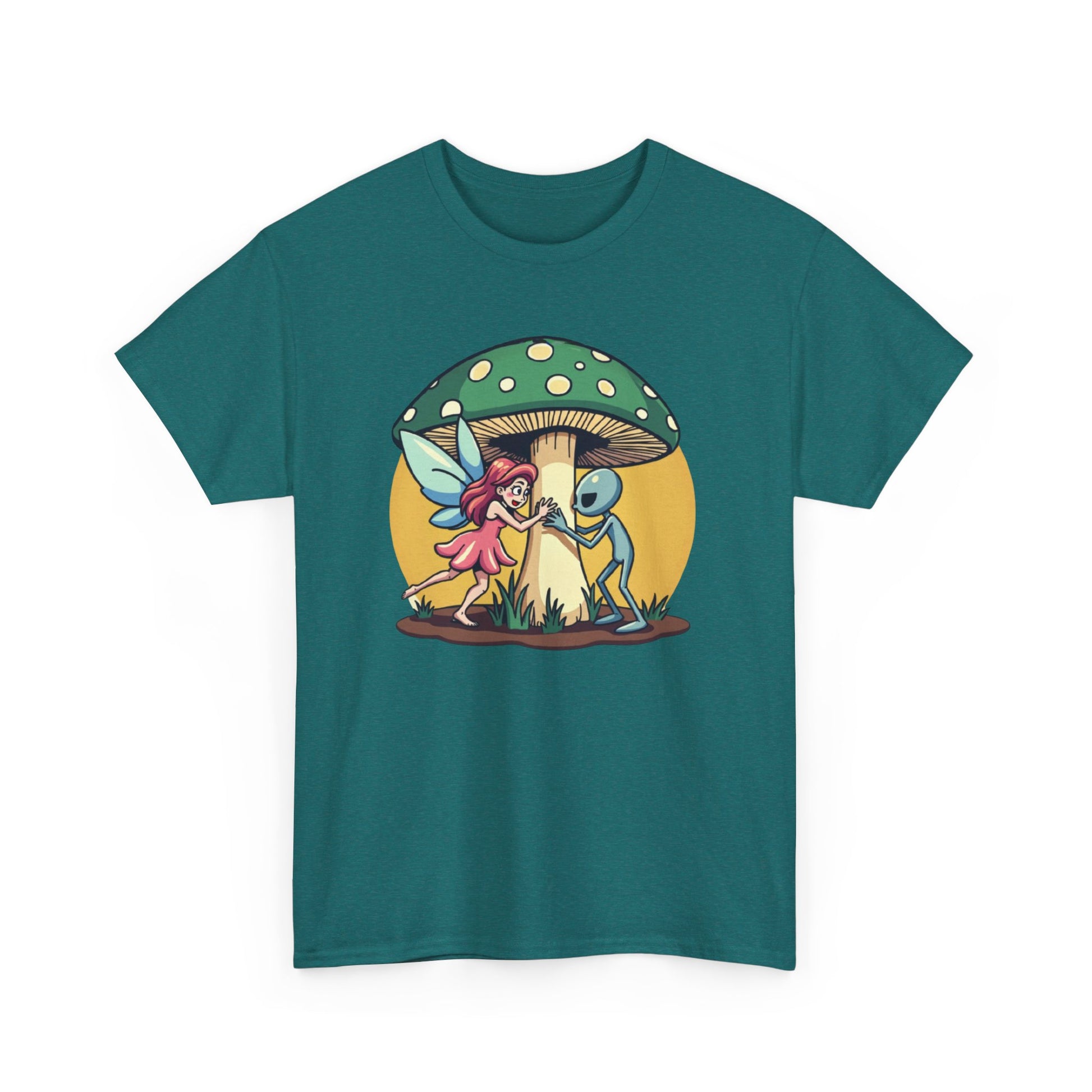 Alien chased by Fairy, Mushroom Unisex Heavy Cotton Tee - Psychonaut Swag