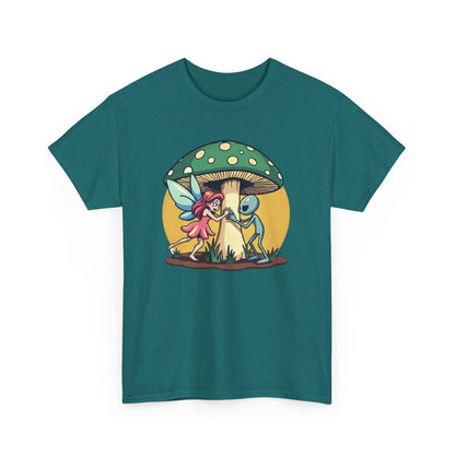 Alien chased by Fairy, Mushroom Unisex Heavy Cotton Tee - Psychonaut Swag