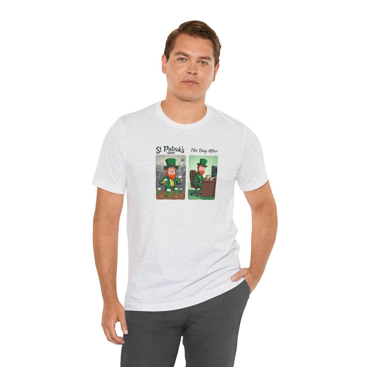 St. Patrick's Day Leprechaun Funny Cartoon T-Shirt — "St. Patrick's Day / The Day After" Tee