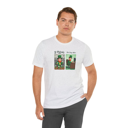St. Patrick's Day Leprechaun Funny Cartoon T-Shirt — "St. Patrick's Day / The Day After" Tee