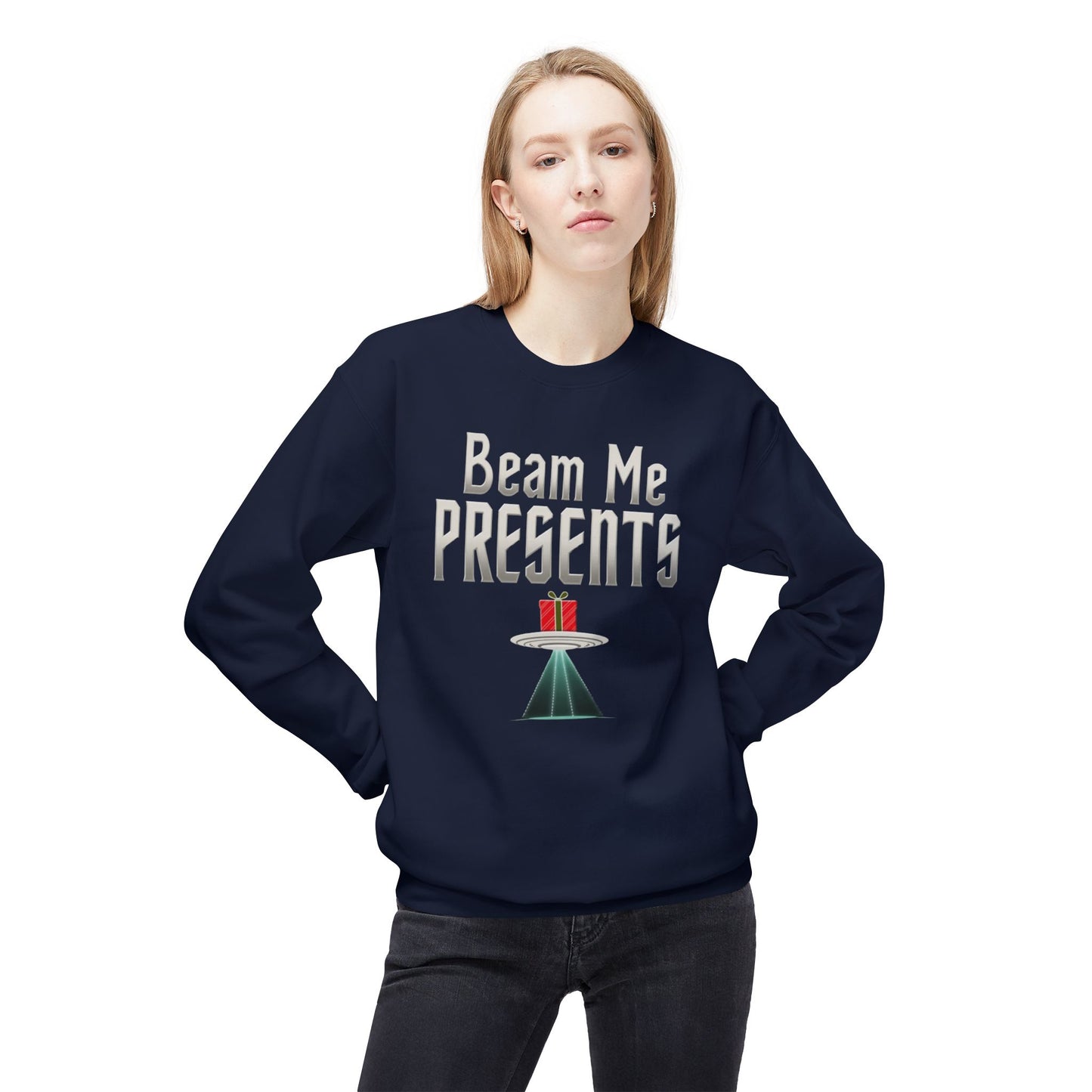 Crewneck Sweatshirt — "Beam Me Presents" UFO Holiday Gift Sweatshirt