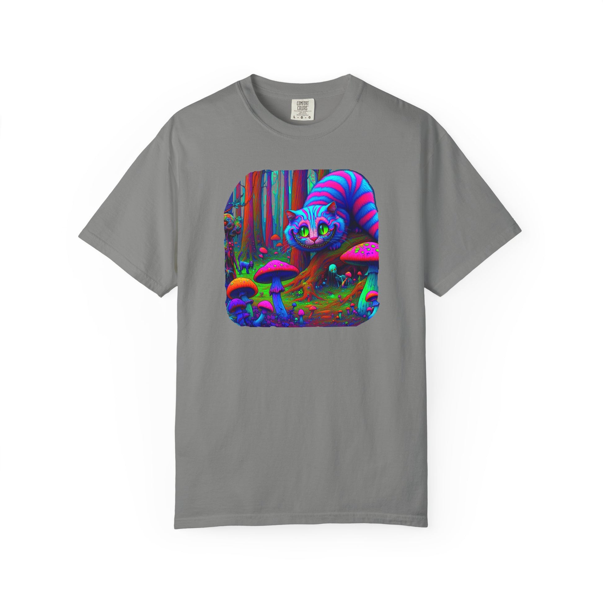 Curious Cat with mushrooms, Unisex Garment-Dyed T-shirt - Psychonaut Swag