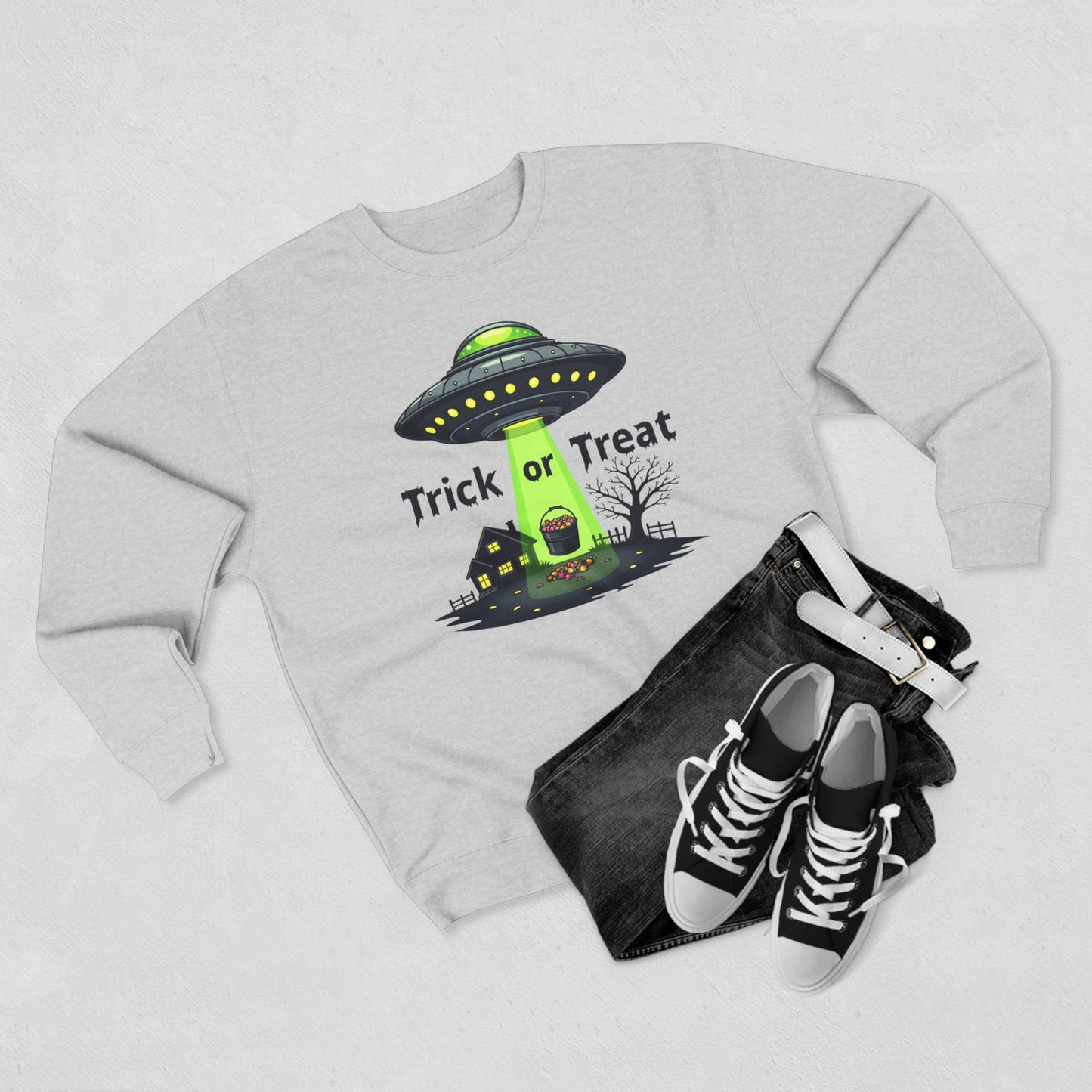 Halloween UFO Sweatshirt - "Trick or Treat" Alien Abduction Crewneck