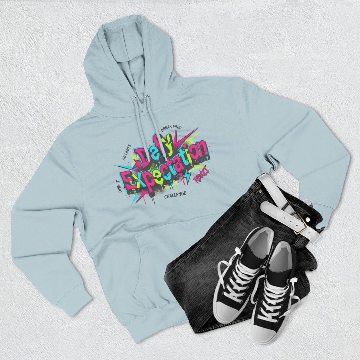 Expectation vs Reality Hoodie — Retro 90s Graffiti 'Defy Expectation' Pullover