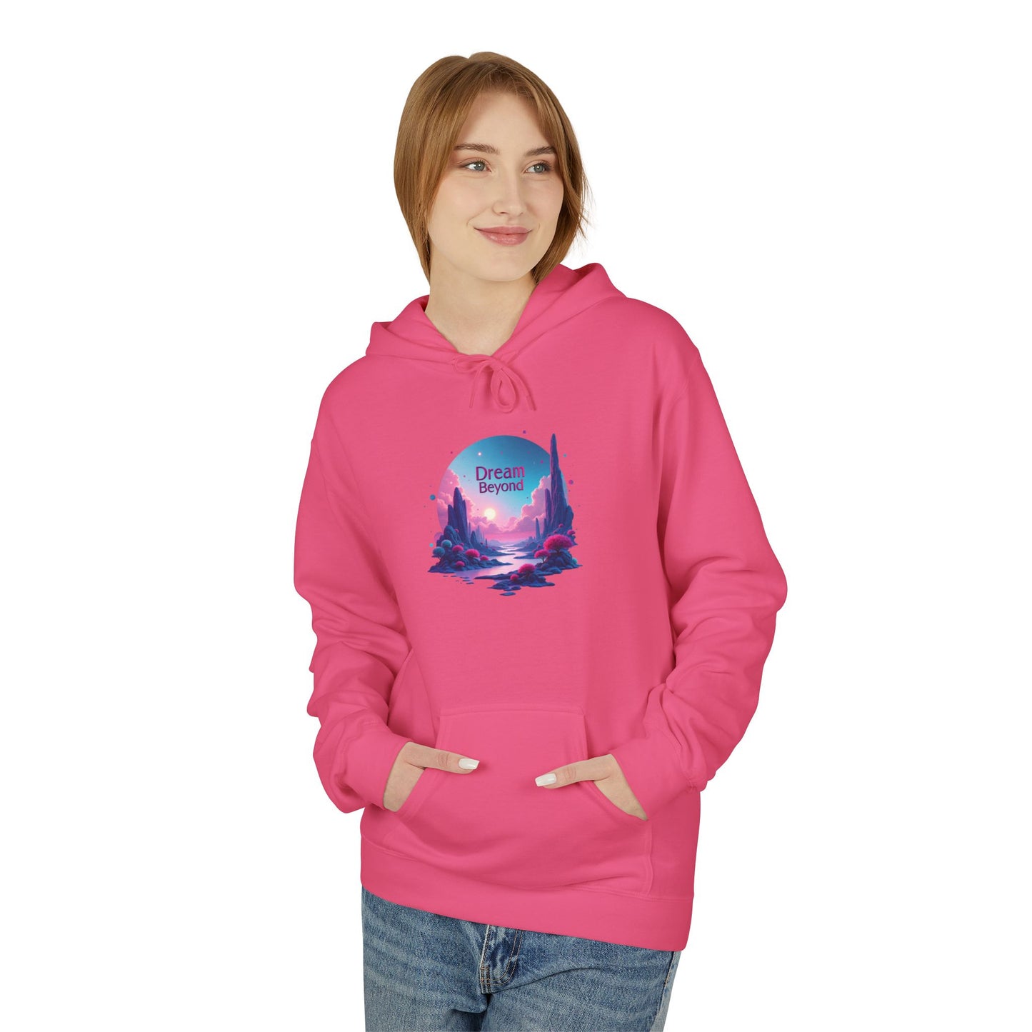 Retro Vaporwave Nature Hoodie — Neon Sunset Cityscape Graphic