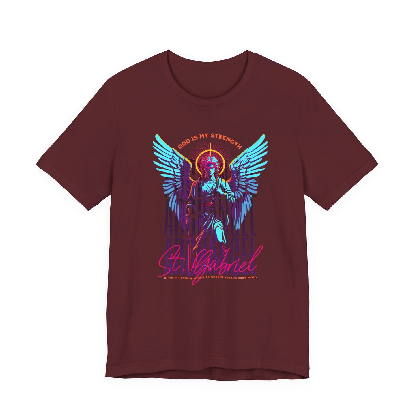 St. Gabriel Angel Tee — "God Is My Strength" Neon Graphic T-Shirt