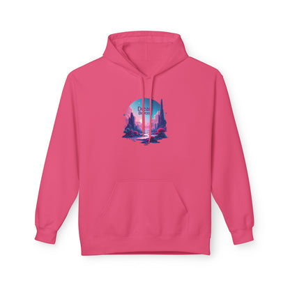 Retro Vaporwave Nature Hoodie — Neon Sunset Cityscape Graphic