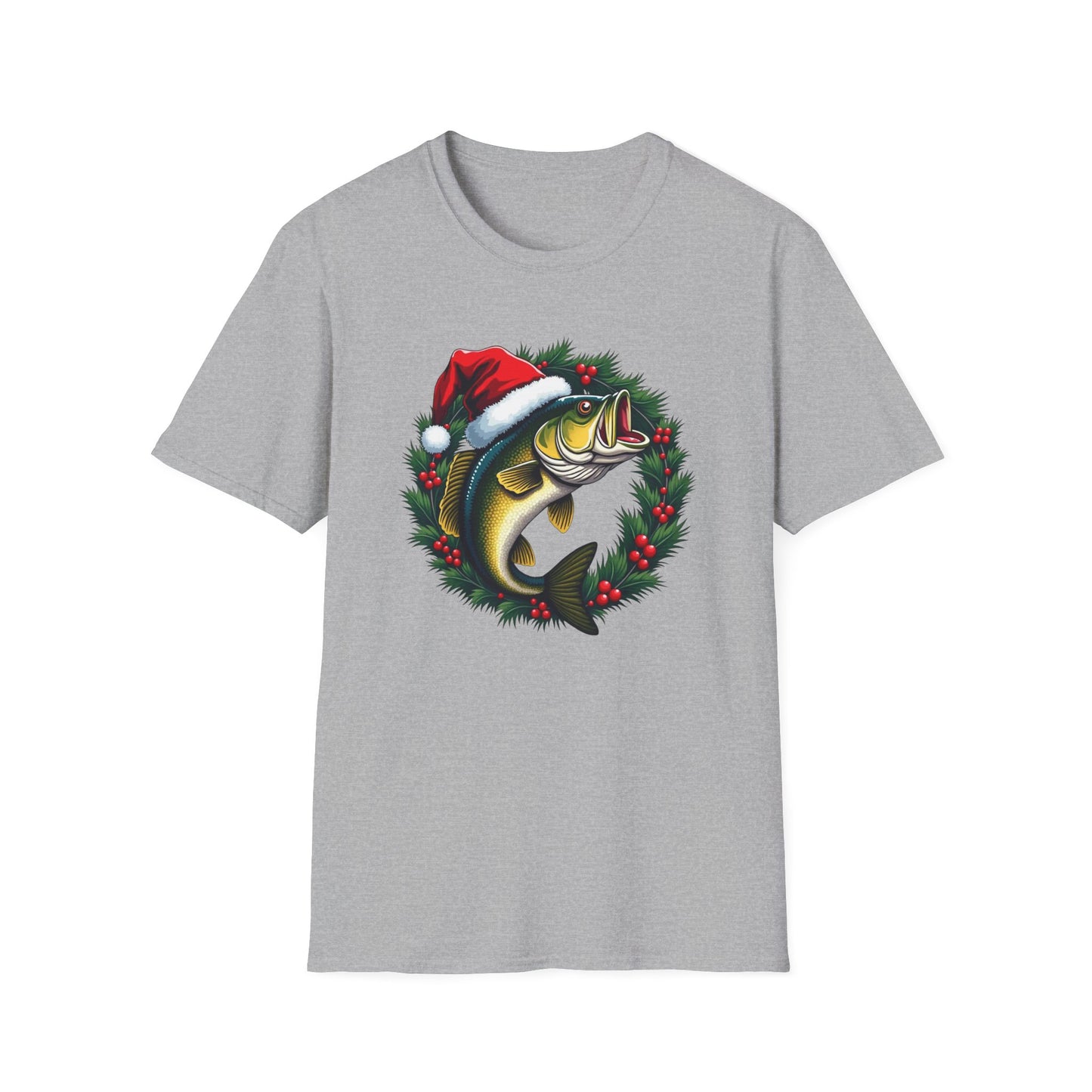 Christmas Wreath Bass Fishing T-Shirt — Santa Hat Fish Holiday Tee
